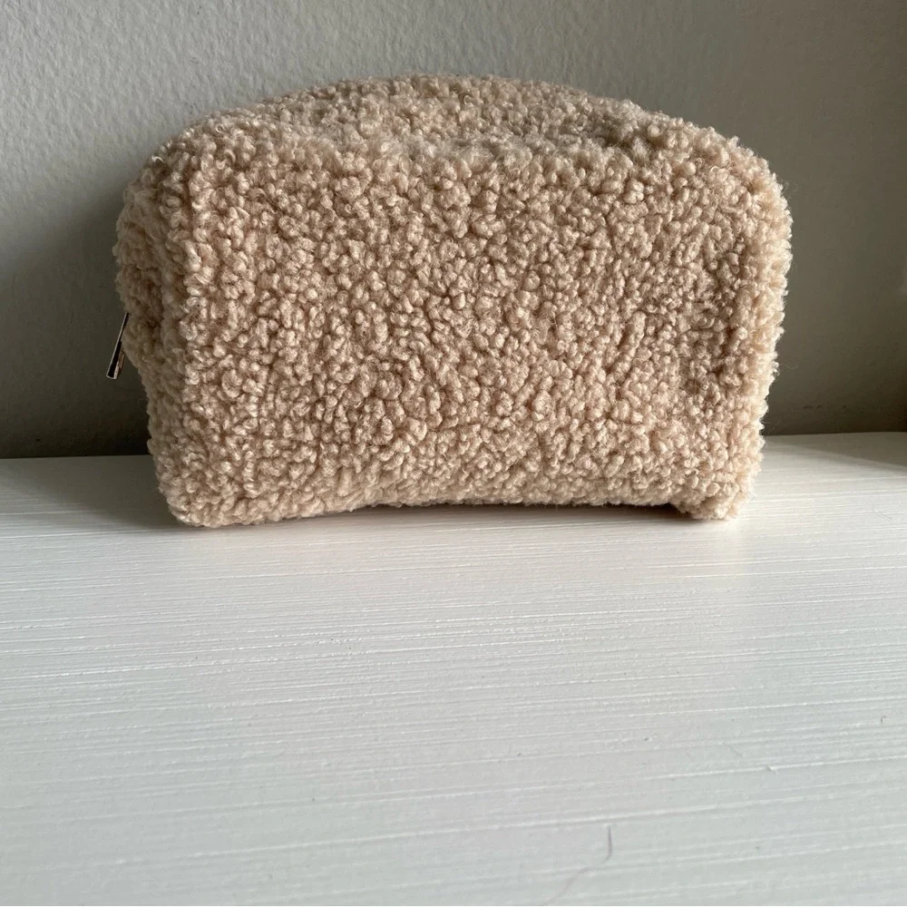 Anthropologie Sherpa Tan Cosmetic Loaf Bag